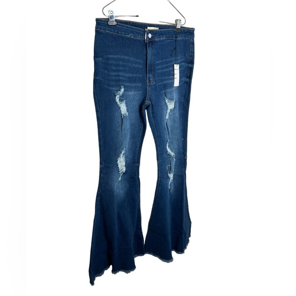 Home Folk Dallas Distressed Women’s Dark Wash Blues Flare Jeans - Picture 6 of 12